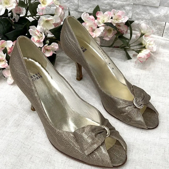 Stuart Weitzman women’s size 8 metallic gold 3 inch heels ring bow dress shoes - Picture 2 of 8